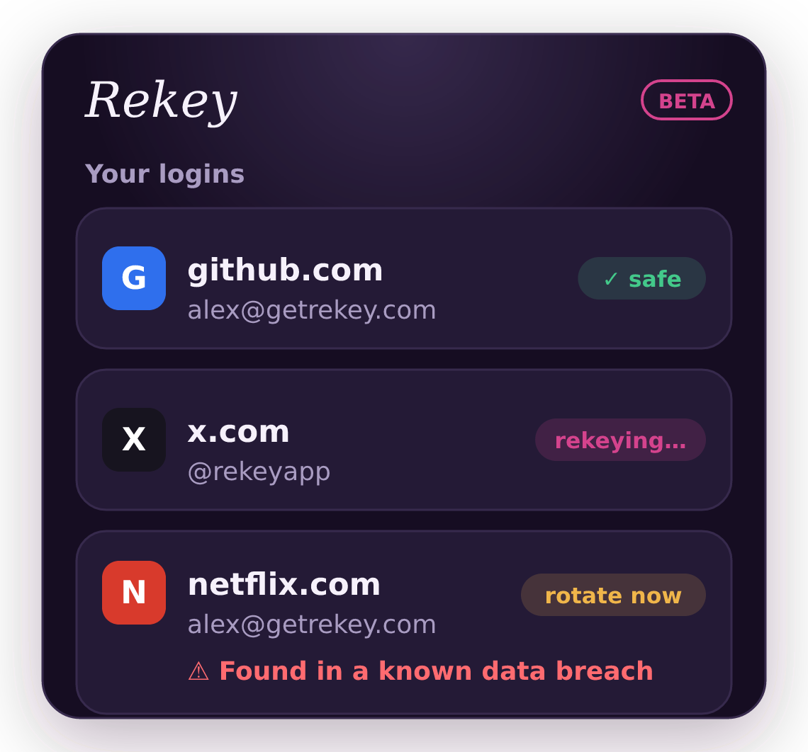 Rekey vault showing logins with breach status pills